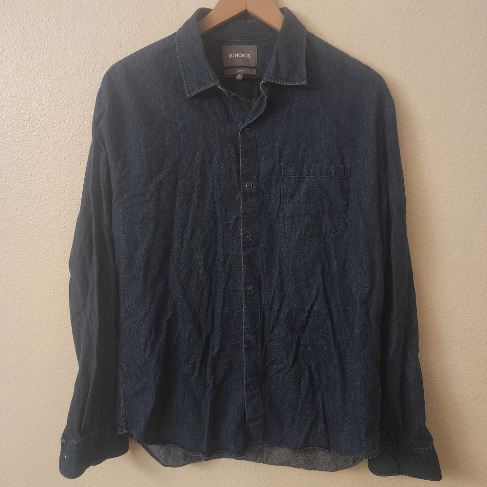 Bonobos Slim Fit 100% Cotton Navy Casual Snap Button-down Shirt Womens Large